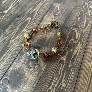 Handcrafted Lampwork Glass Beaded Bracelet Floral Toggle Clasp Boho Chic